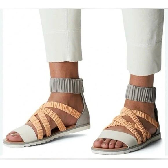 Sorel Womens Shoes 6 1/2 Gray And Orange Ella II Ankle Strap Sandal Back Zip - Picture 1 of 12